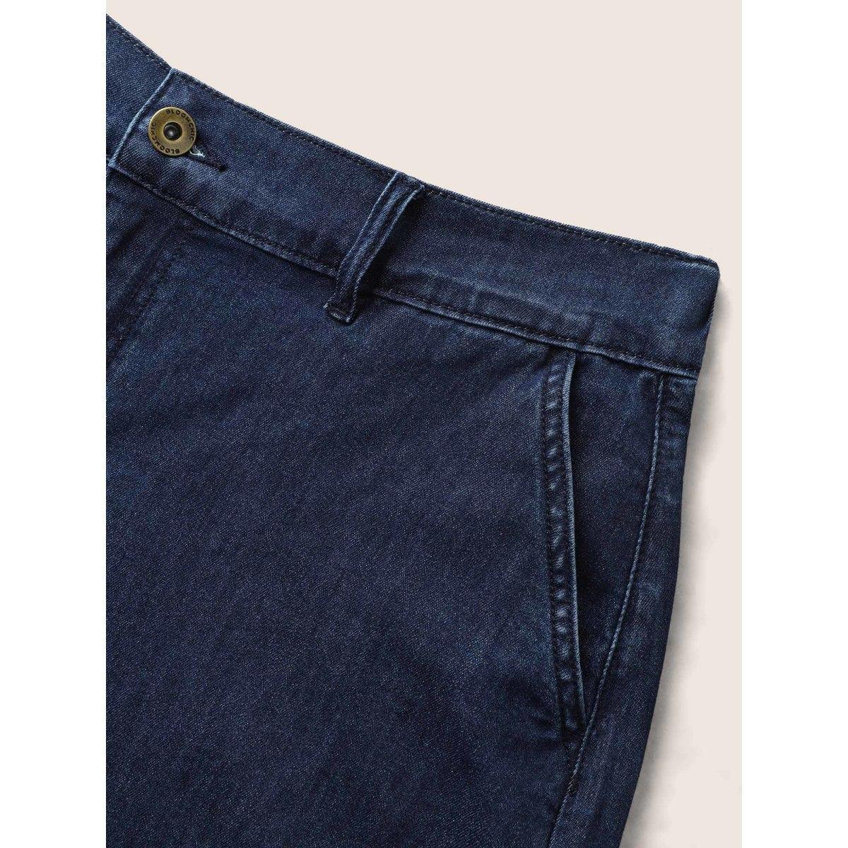 Plus Size Dark Wash Slanted Pocket Loose Denim Shorts Women Denimindigo Button Medium stretch Everyday Slanted pocket Casual Denim Shorts BloomChic 16/1X Product Image