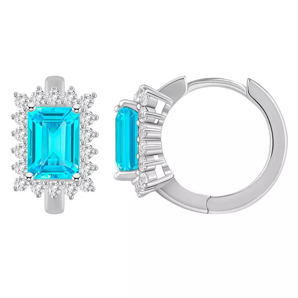 Celebration Gems Sterling Silver Emerald Cut Gemstone & White Topaz Halo Huggie Hoop Earrings, Women's, Blue Topaz Product Image