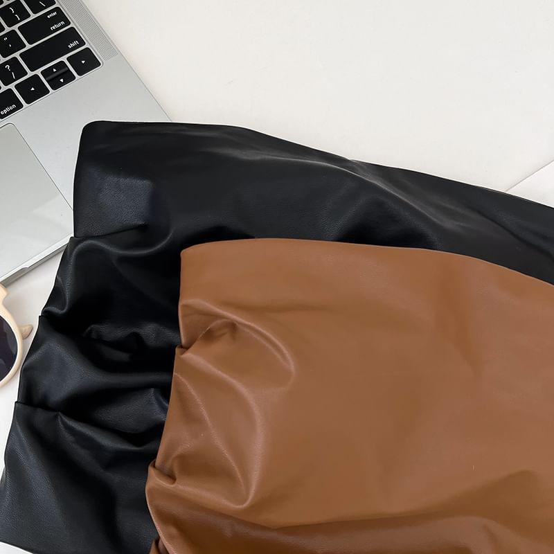 Strapless Plain Faux Leather Ruched Crop Top Product Image