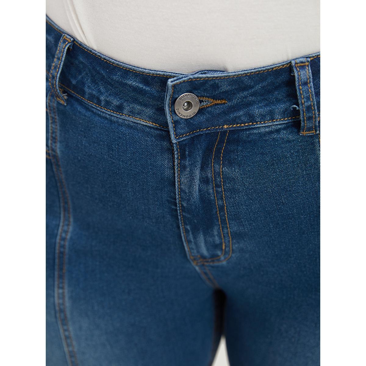 Plus Size Very Stretchy Pocket High Rise Patchwork Jeans Women Blue Casual Plain Embroidered High stretch Pocket Jeans BloomChic 12/L Product Image