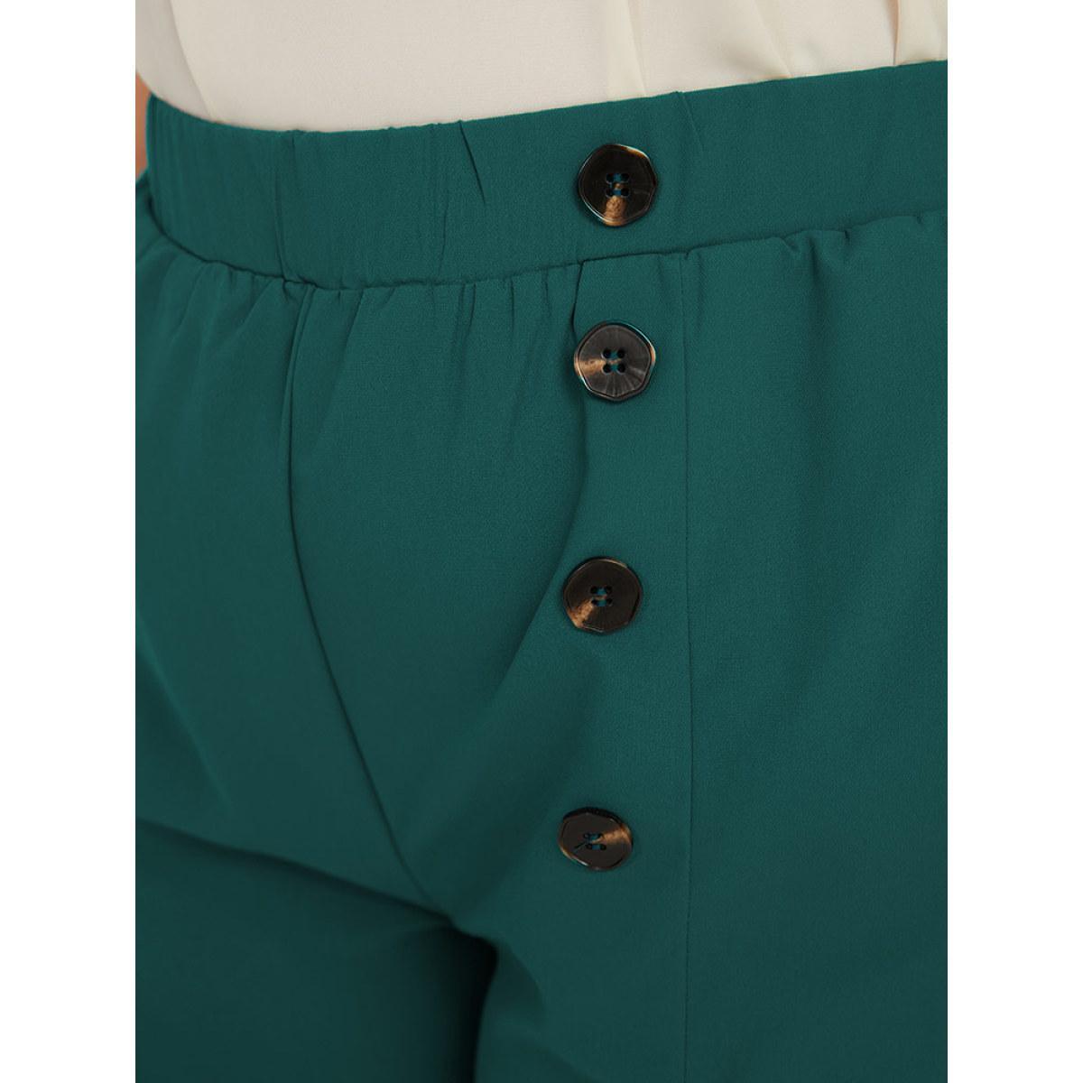 Plus Size Solid Pleated Button Detail Straight Leg Pants Women ArmyGreen Office Straight Leg High Rise Work Pants BloomChic 14-16/1X Product Image