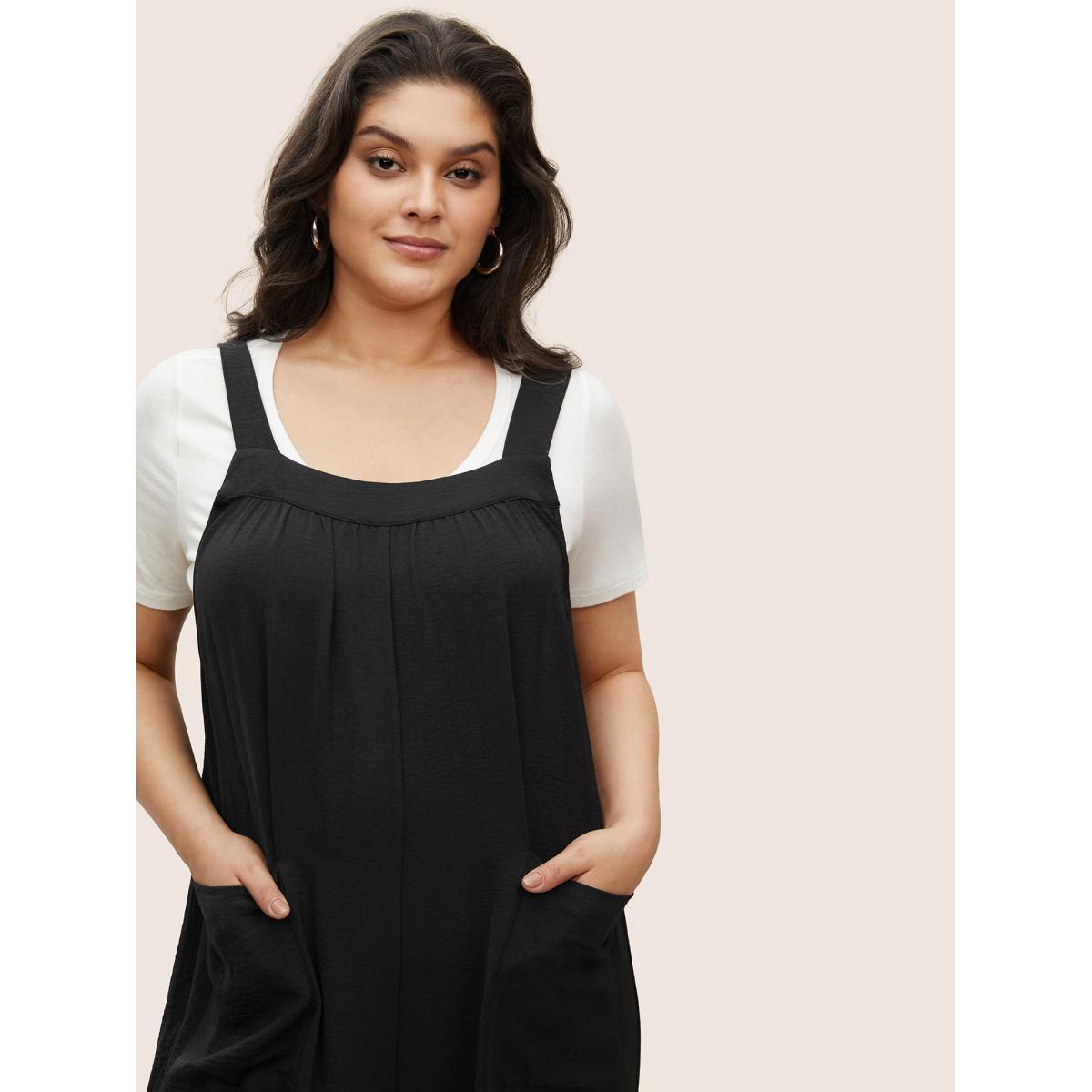 Plus Size Black Plain Pleated Wide Leg Jumpsuit Women Casual Sleeveless Square Neck Everyday Loose Jumpsuits BloomChic 30/6X Product Image