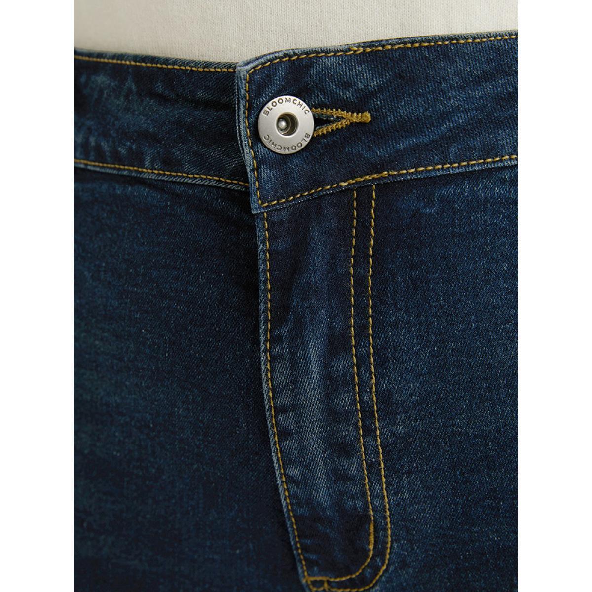 Plus Size Bootcut Slightly Stretchy High Rise Dark Wash Distressed Jeans Women DarkBlue Casual Plain Plain Low stretch Pocket Jeans BloomChic 24/3X Product Image