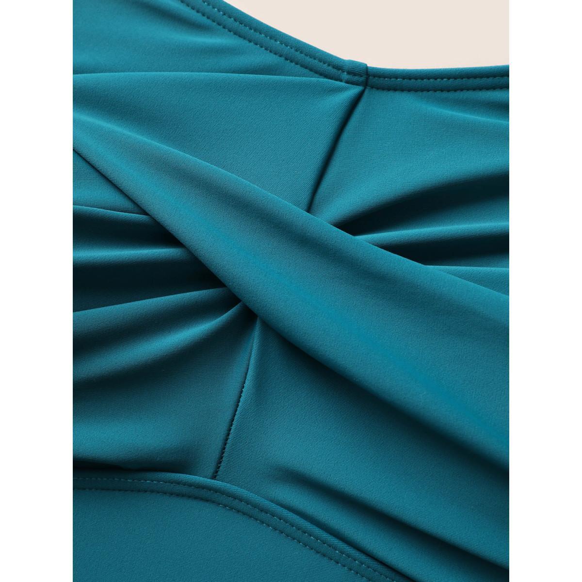 Plus Size Solid Twist Front Heart Neckline Swim Dress Women's Swimwear Teal Beach Bodycon Heart neckline High stretch Curve Swim Dresses BloomChic 30/6X Product Image
