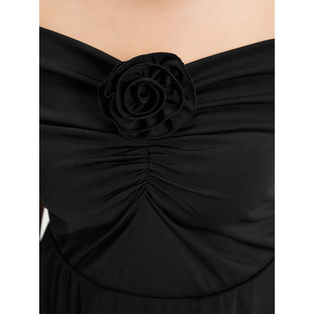 Plus Size Solid Pocket Floral Detail Ruched Off Shoulder Dress Black Women Glamour Gathered One-shoulder neck Sleeveless Curvy Midi Dress BloomChic 18-20/2X Product Image