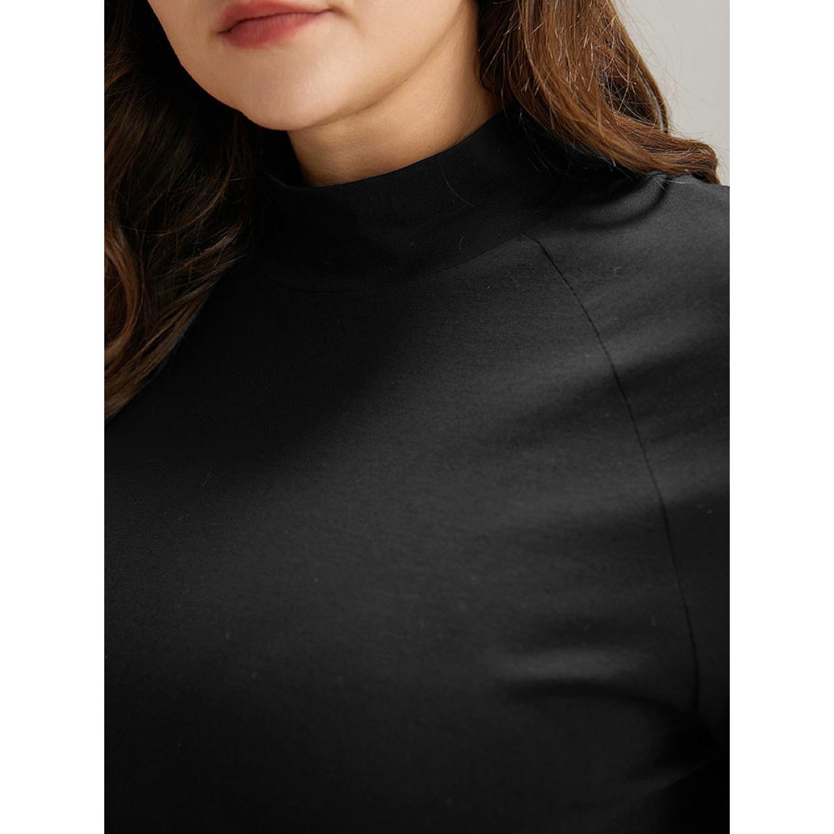Plus Size Cotton Mock Neck Raglan Sleeve T-shirt Black Women Elegant Plain Plain Mock Neck Dailywear T-shirts BloomChic 12/L Product Image
