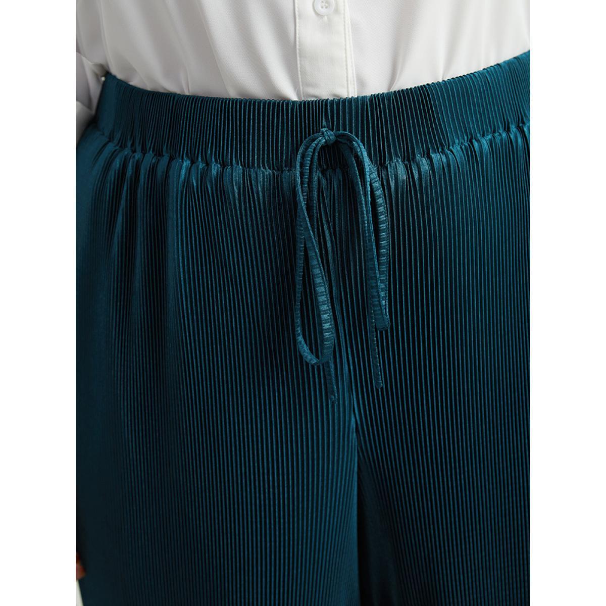 Plus Size Solid Ties Plested Straight Leg Pants Women Cyan Office Wide Leg High Rise Dailywear Pants BloomChic 12/L Product Image