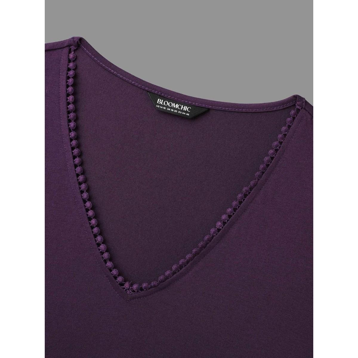 Plus Size V Neck Plain Crochet Lace Mesh Dress Deeppurple Women Elegant Woven ribbon&lace trim Knit Dresses Bloomchic 10/M Product Image