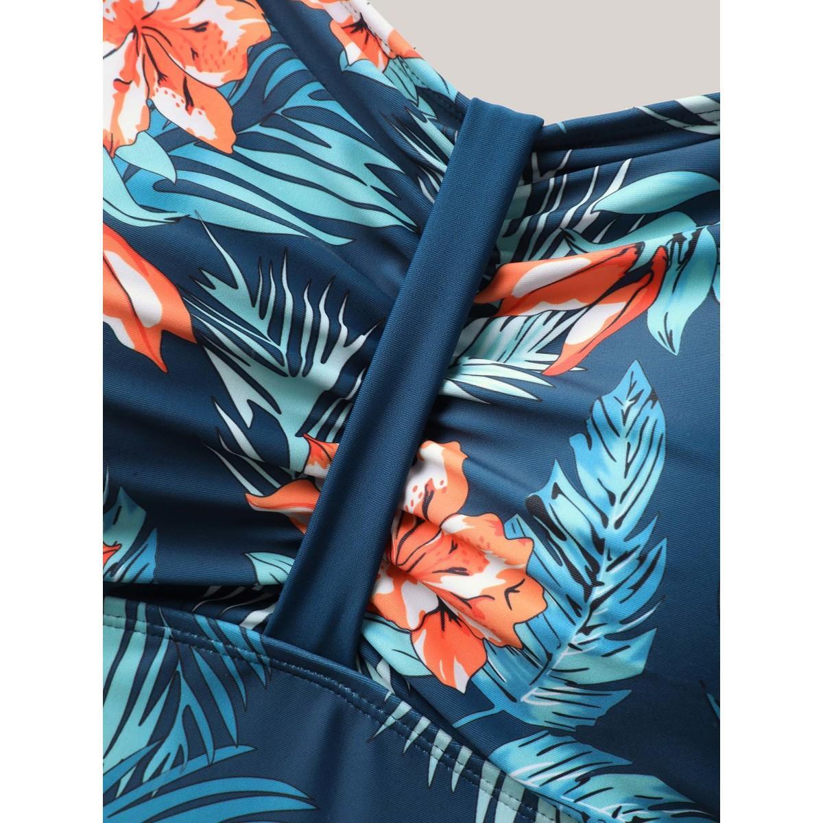 Plus Size Tropical Print Ruched Spliced Swim Top Women's Swimwear Indigo Beach Gathered High stretch Skinny Heart neckline Curve Swim Tops BloomChic 14-16/1X Product Image