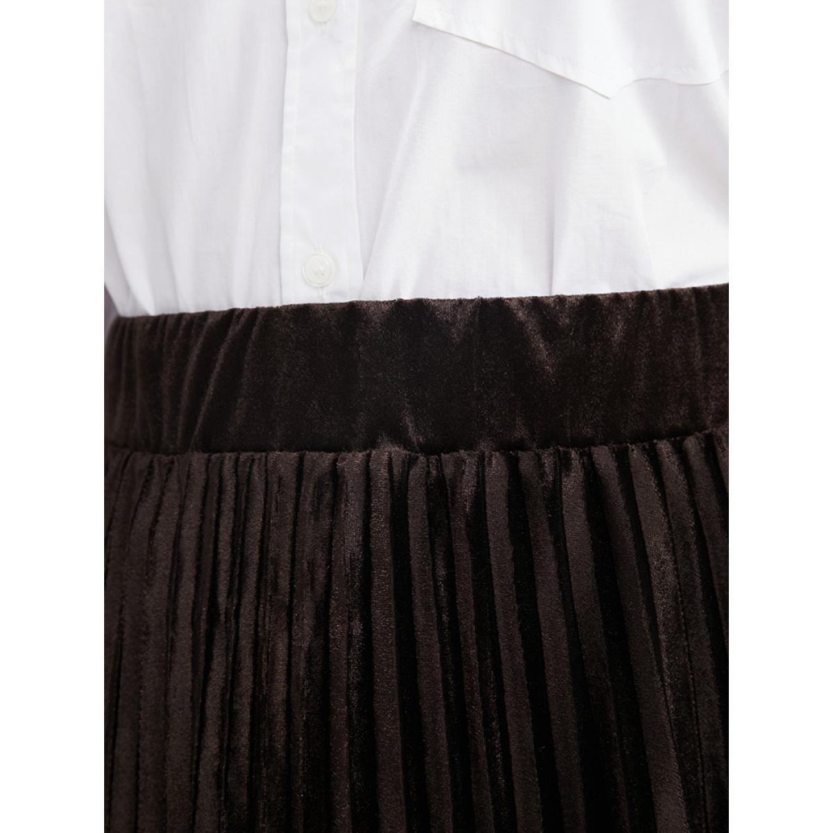 Plus Size Solid Elastic Waist Velvet Pleated Skirt Women DarkBrown Glamour Pleated Low stretch Going out Skirts BloomChic 10/M Product Image
