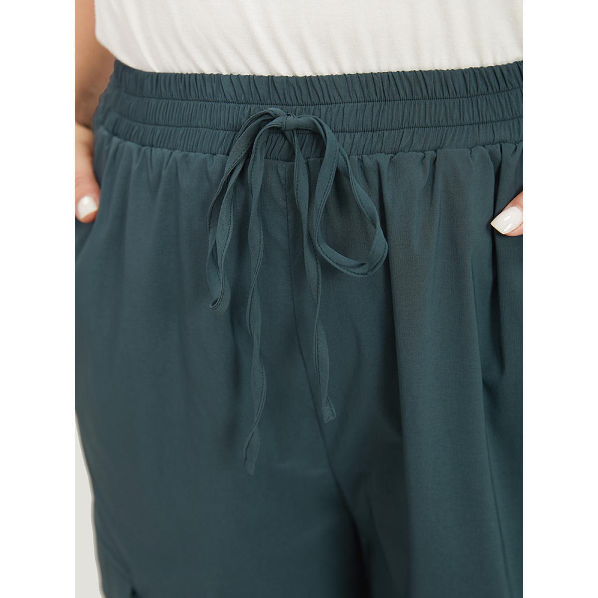 Plus Size Plain Drawstring Patched Pocket High Rise Pants Women DarkGreen Casual Straight Leg High Rise Dailywear Pants BloomChic 10/M Product Image