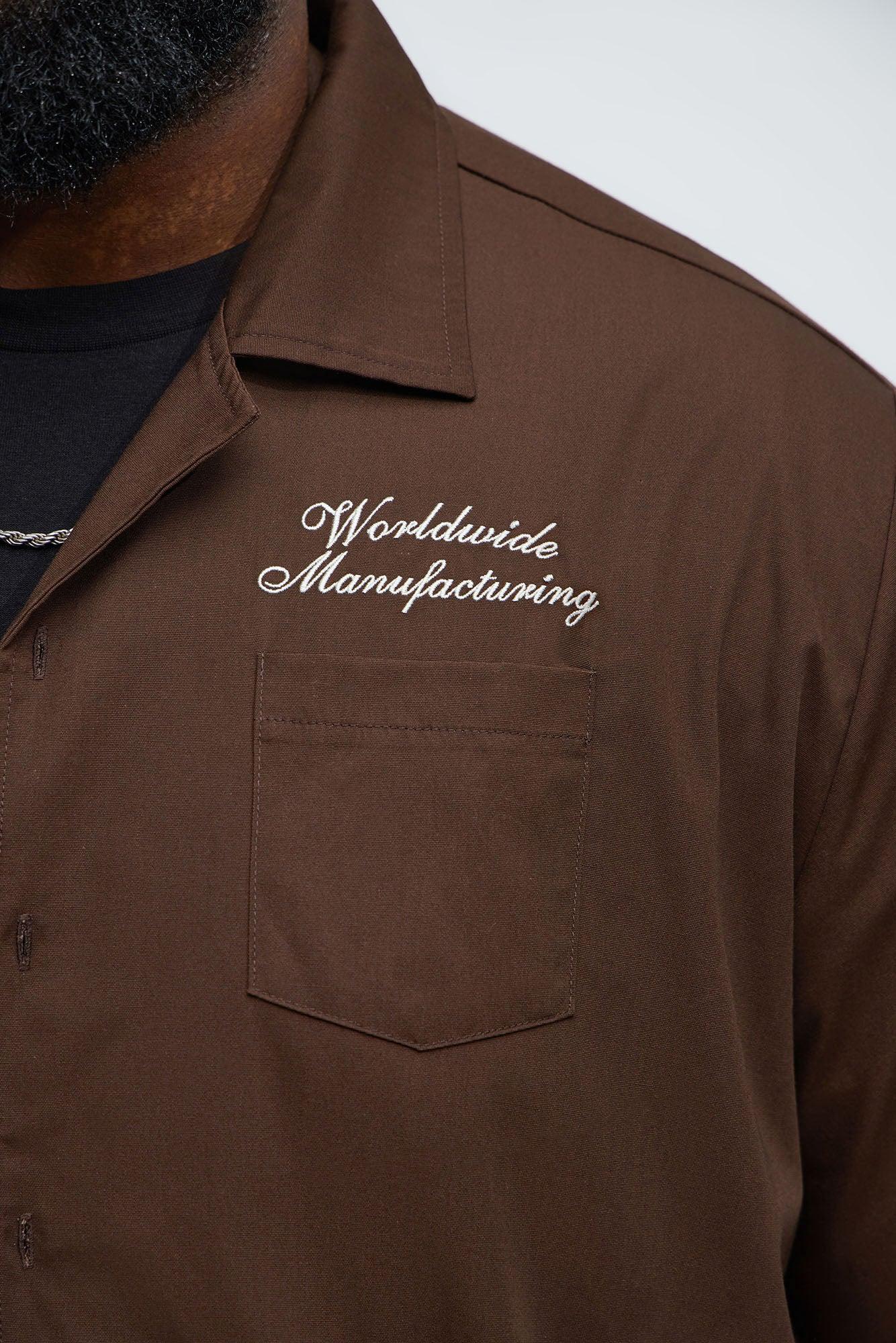Cropped Worldwide Manufacturing Button Up Shirt - Dark Brown Product Image