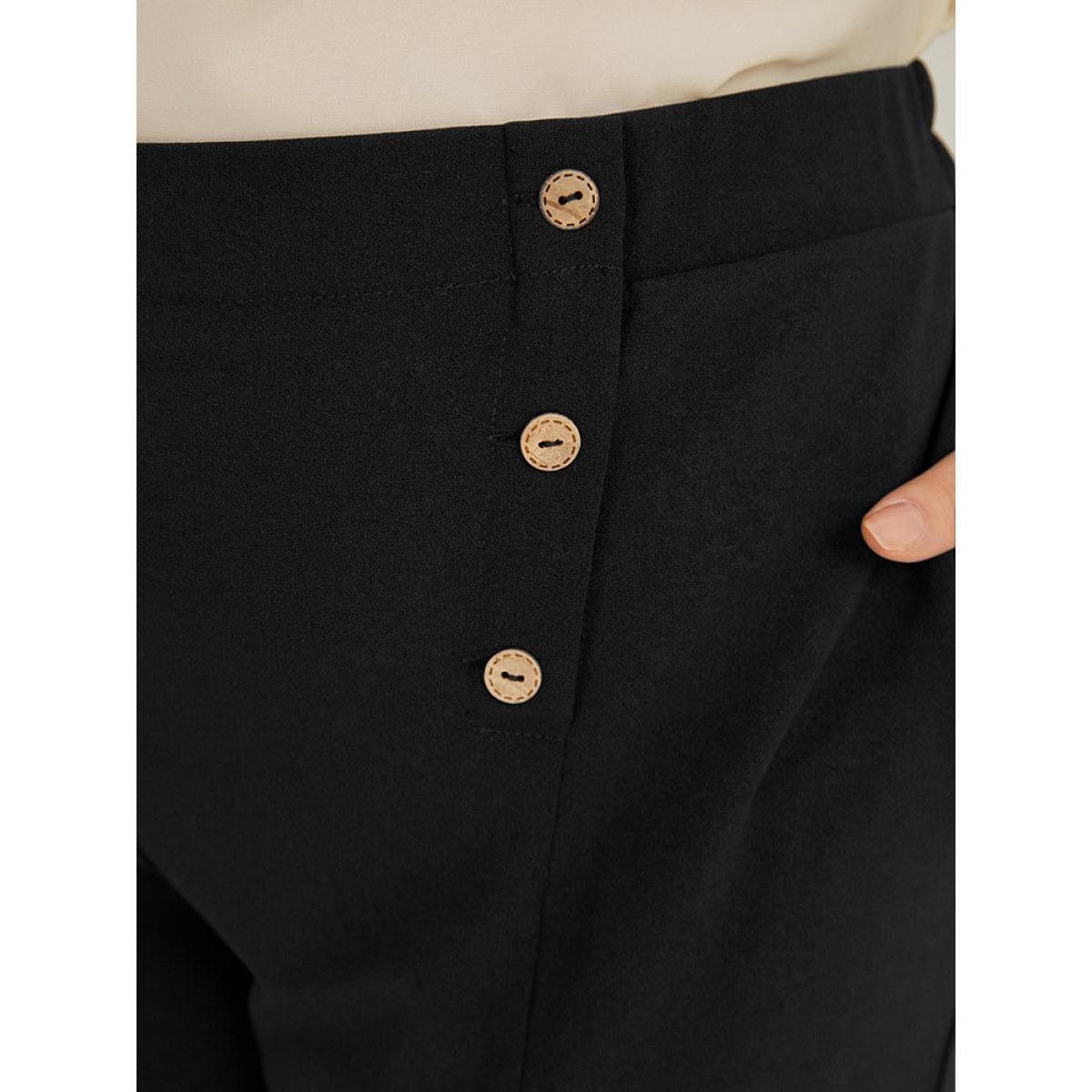 Plus Size Solid Elastic Waist Pocket Button Detail Pants Women Black Office High Rise Work Pants BloomChic 10/M Product Image