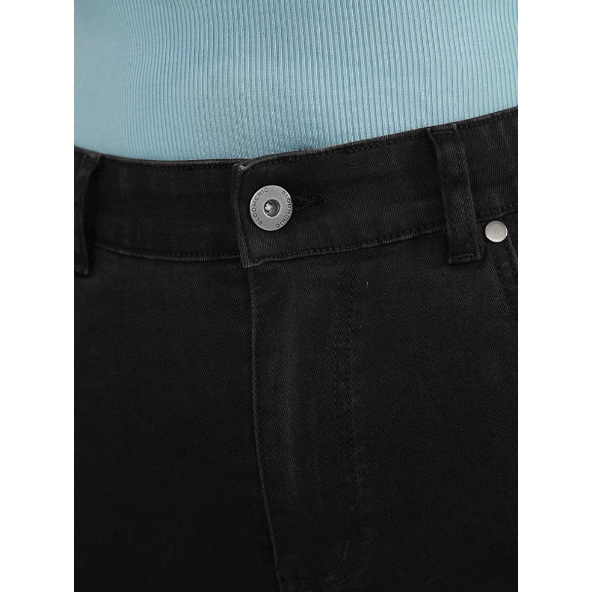 Plus Size Very Stretchy High Rise Black Wash Rivet Detail Knee Denim Shorts Women Black Casual Plain High stretch Pocket Jeans BloomChic 16/1X Product Image