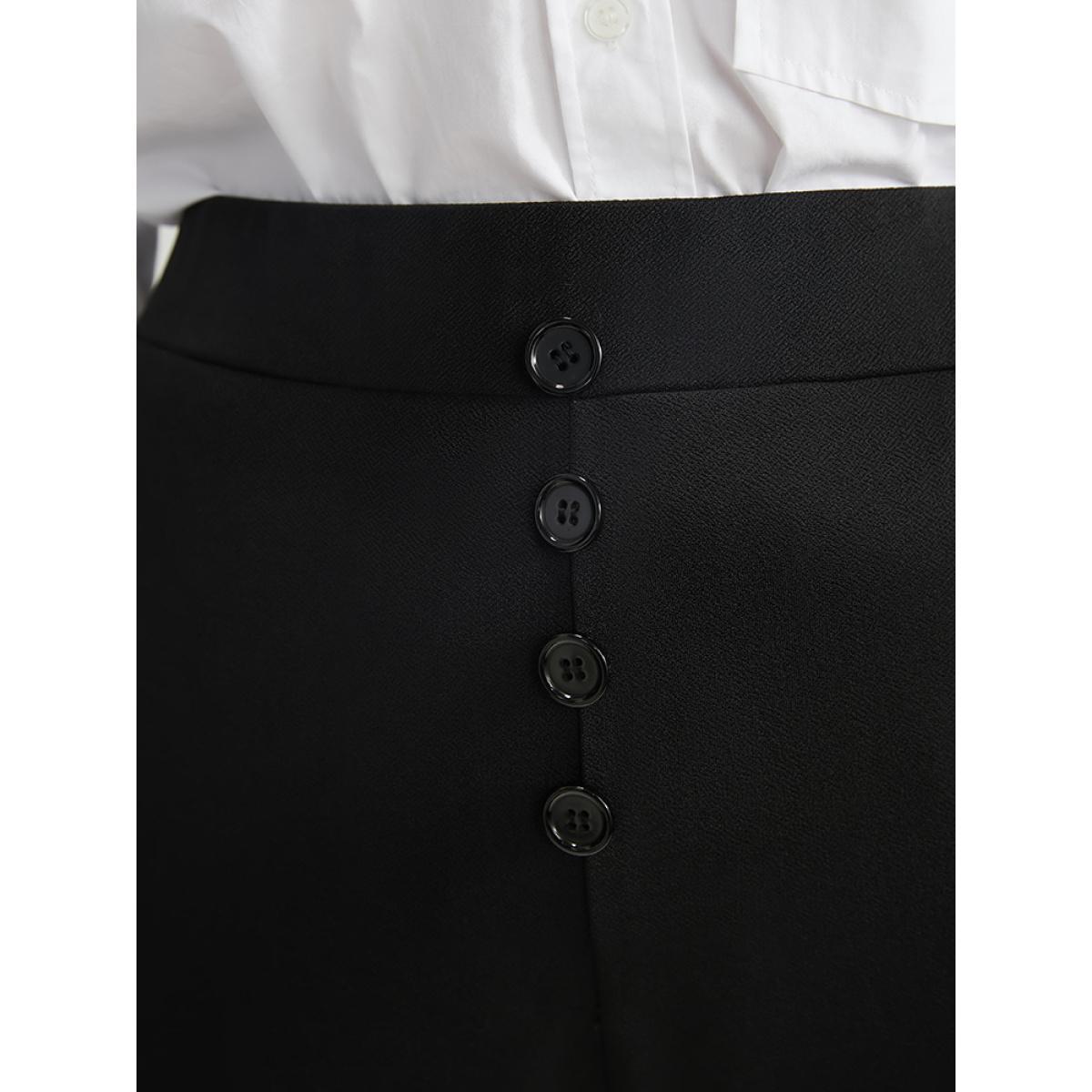 Plus Size Solid Elastic Waist Fake Button Pocket Pants Women Black Office High Rise Work Pants BloomChic 14-16/1X Product Image