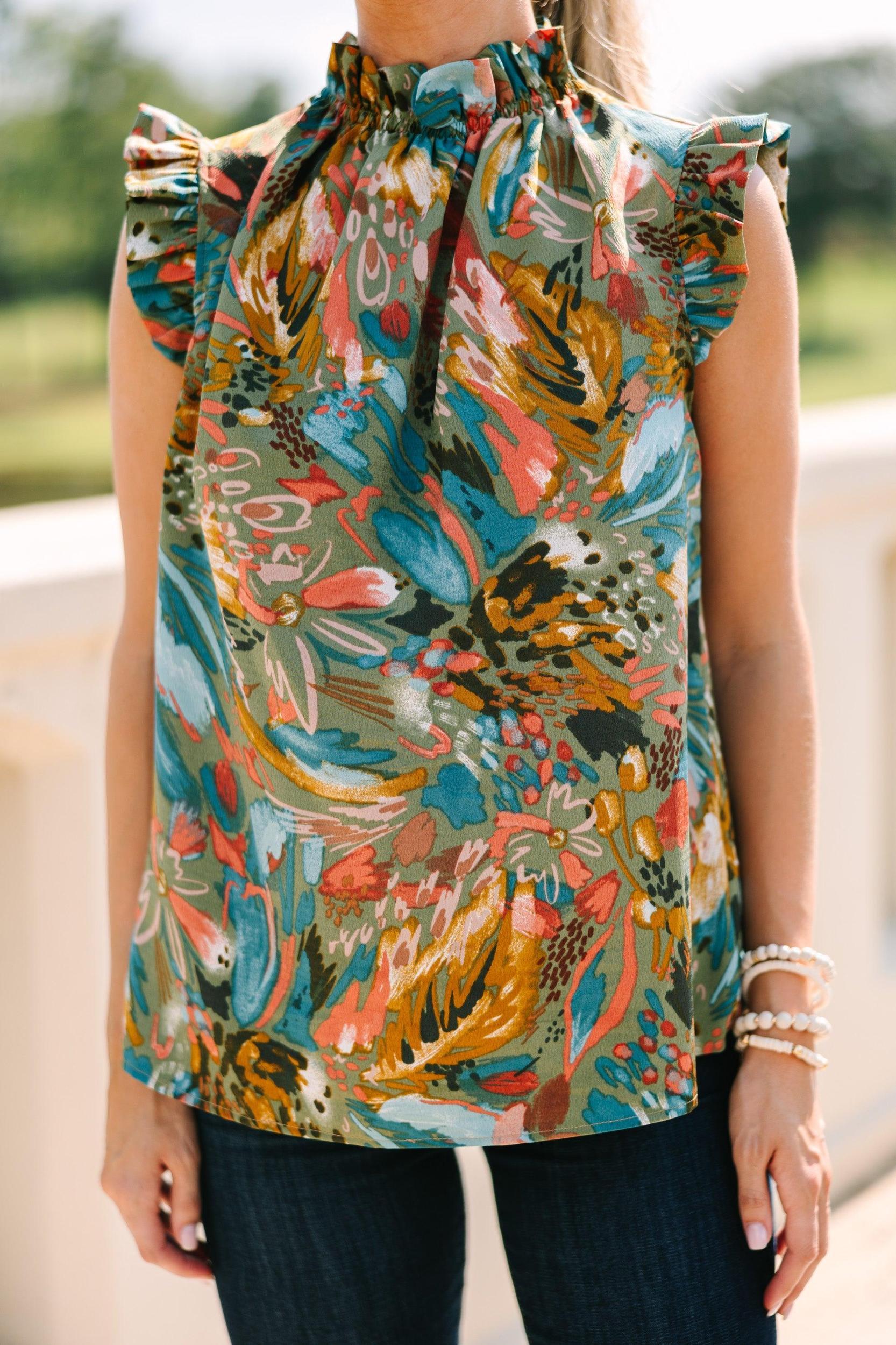 Put It To The Test Olive Green Floral Tank Female Product Image