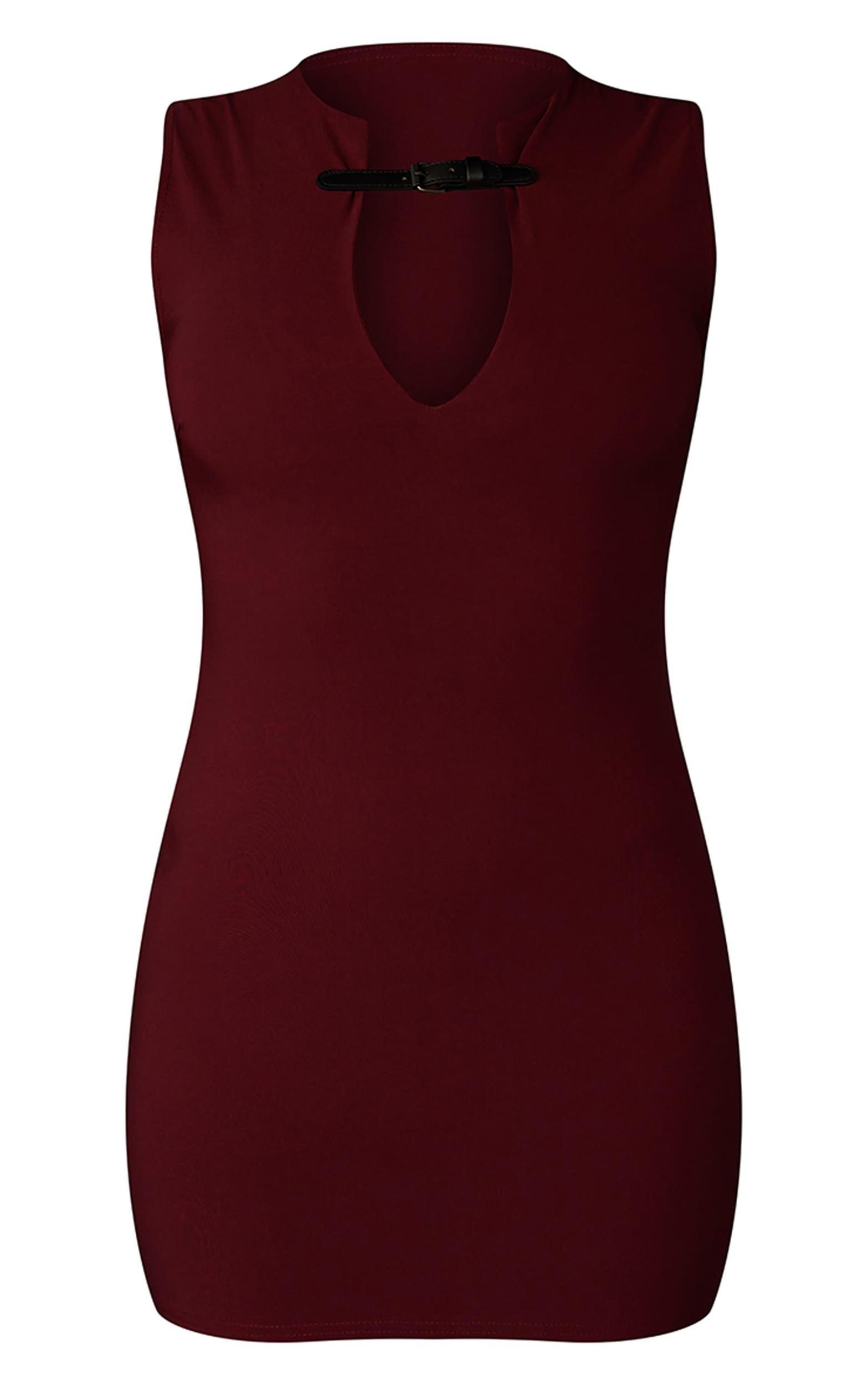 Wine Stretch Woven Keyhole Belted Bodycon Dress Product Image