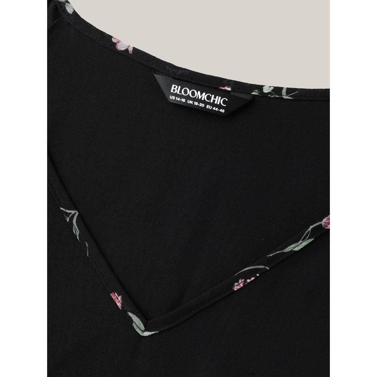 Plus Size Black Floral Layered Sleeve Solid Blouse Women Short sleeve V-neck Everyday-Casual Blouses BloomChic 14-16/1X Product Image