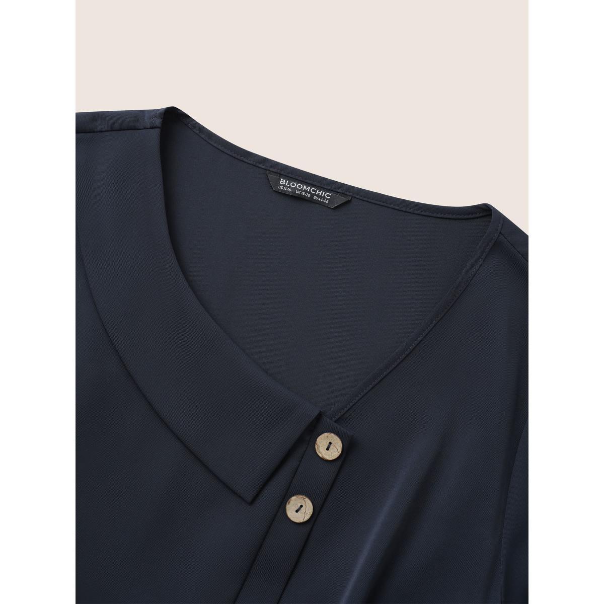 Plus Size Anti-Wrinkle Asymmetrical Neck Button Detail Dress Indigo Women At the Office Non Asymmetrical Neck Long Sleeve Curvy Midi Dress BloomChic 28/5X Product Image
