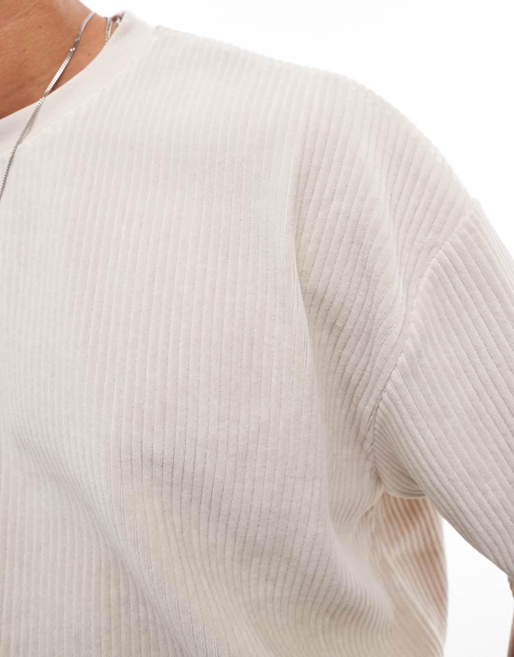 ASOS DESIGN oversized ribbed velour t-shirt in beige Product Image