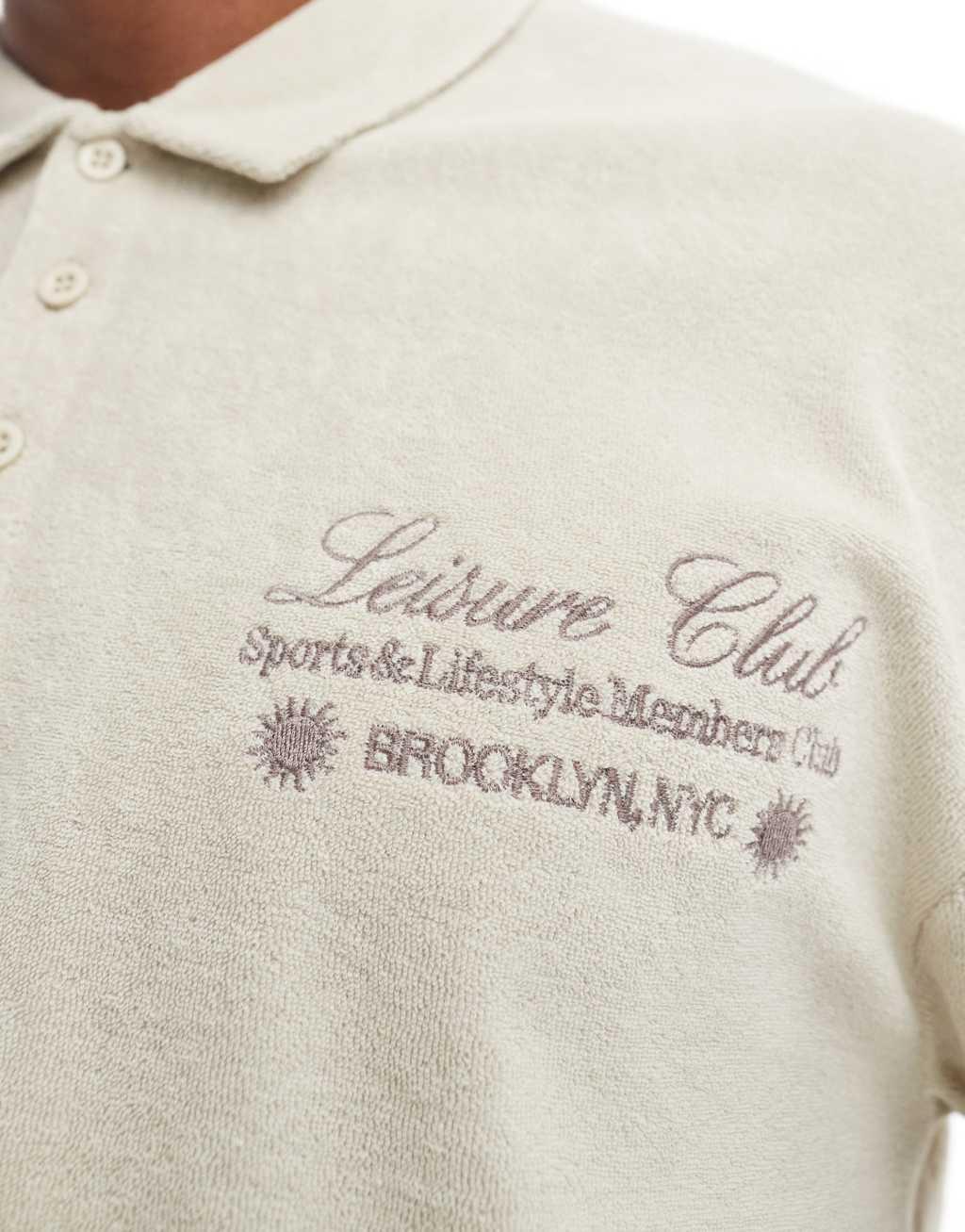 ASOS DESIGN relaxed polo shirt in beige terrycloth with embroidery Product Image