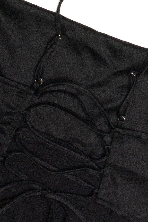 Black Lace Up Back Satin Crop Top Product Image