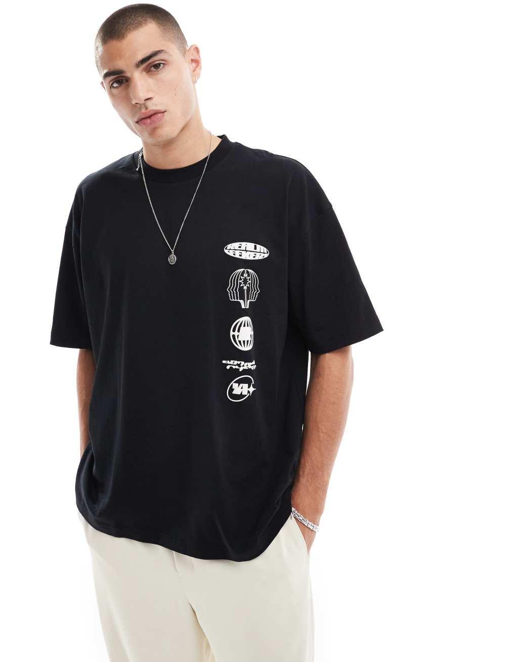 ASOS DESIGN boxy oversized t-shirt with celestial chest and spine print in black Product Image