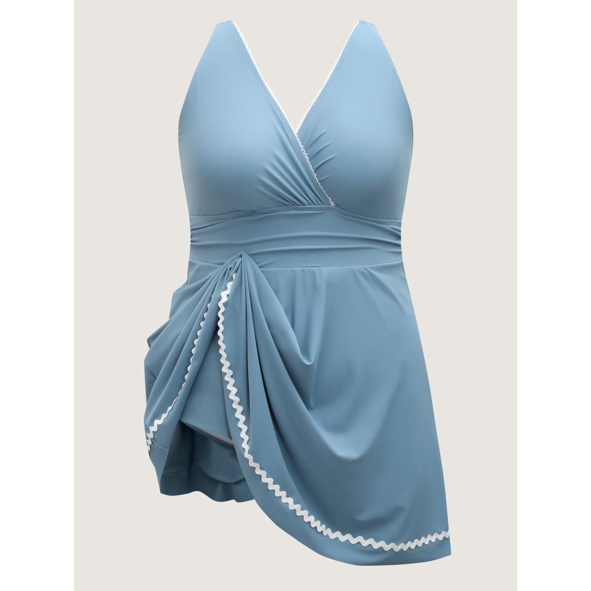 Plus Size Solid Webbed Surplice Swim Dress Women's Swimwear LightBlue Beach Bodycon Overlap Collar High stretch Curve Swim Dresses BloomChic 28/5X Product Image
