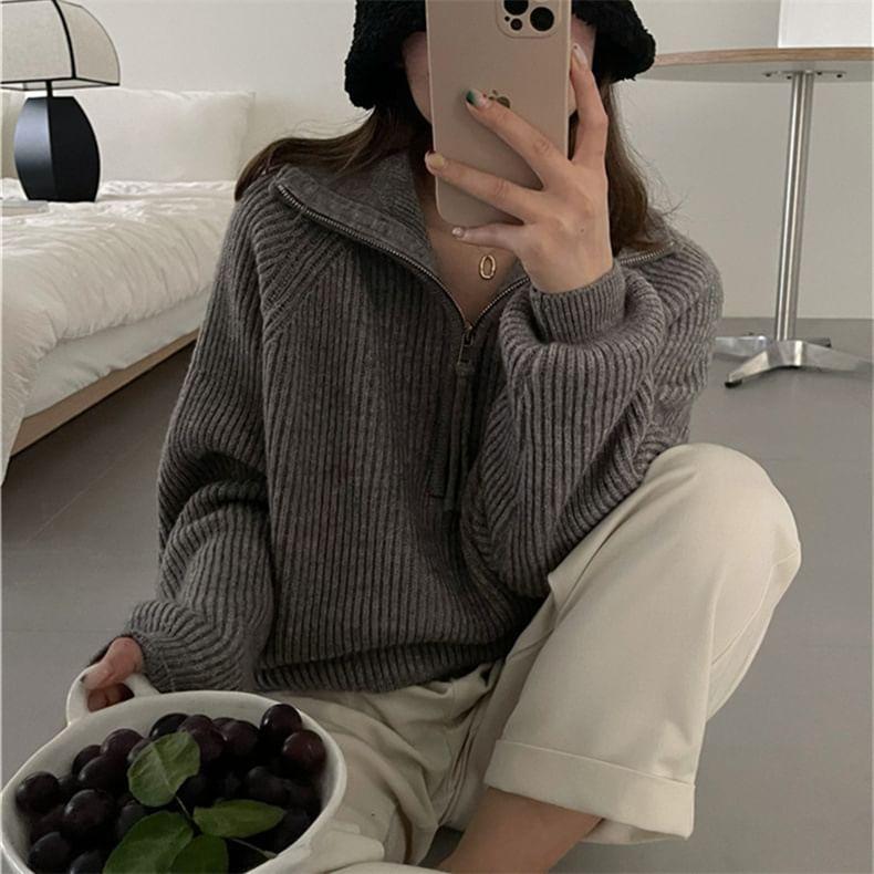Half-Zip Plain Ribbed Sweater Product Image