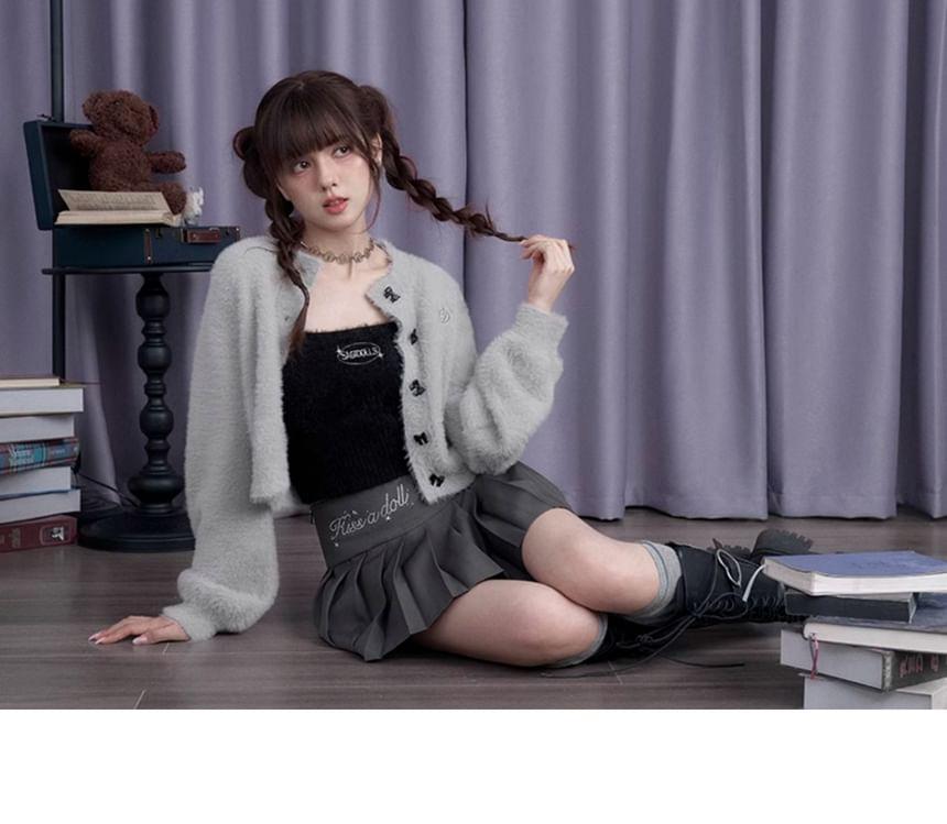 Mid Waist Rhinestone Lettering Pleated Mini A-Line Skirt Product Image