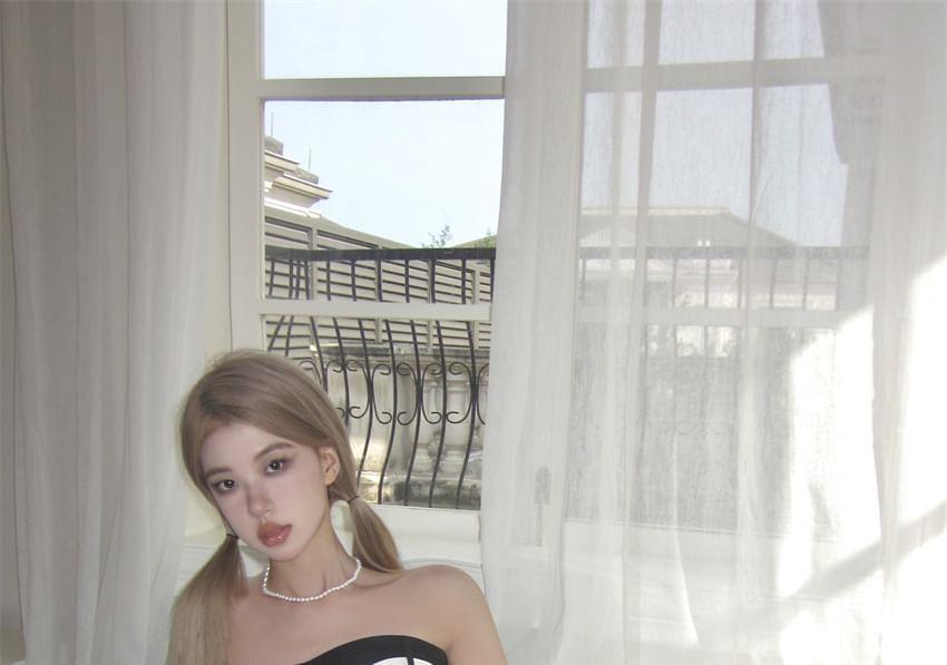 Strapless Pinstriped Bow Mini A-Line Dress Product Image