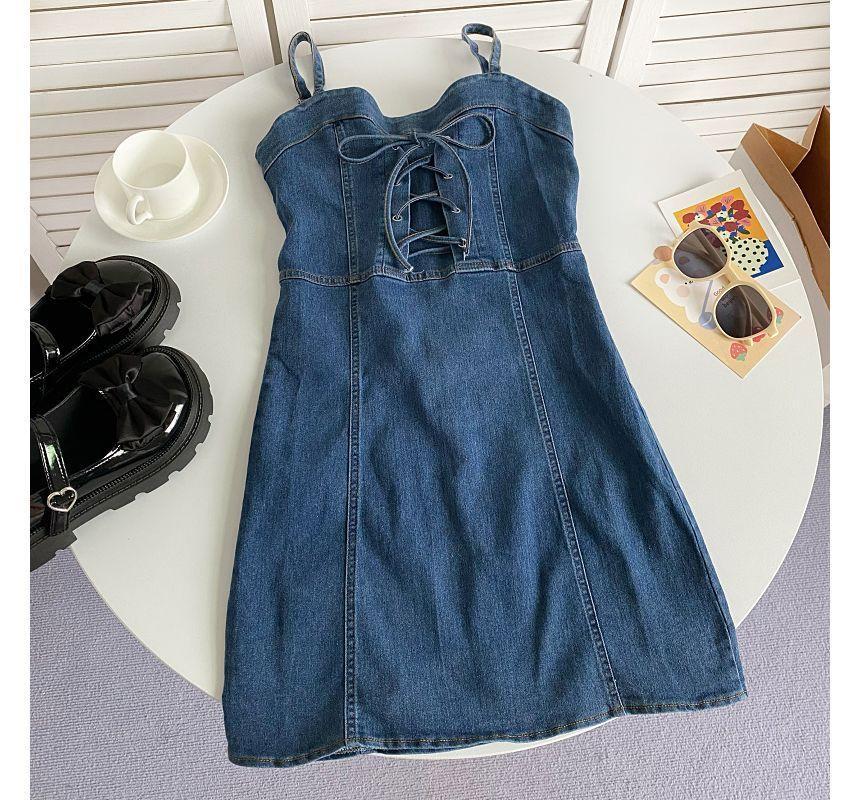 Spaghetti Strap Plain Lace-Up Denim Mini A-Line Dress Product Image