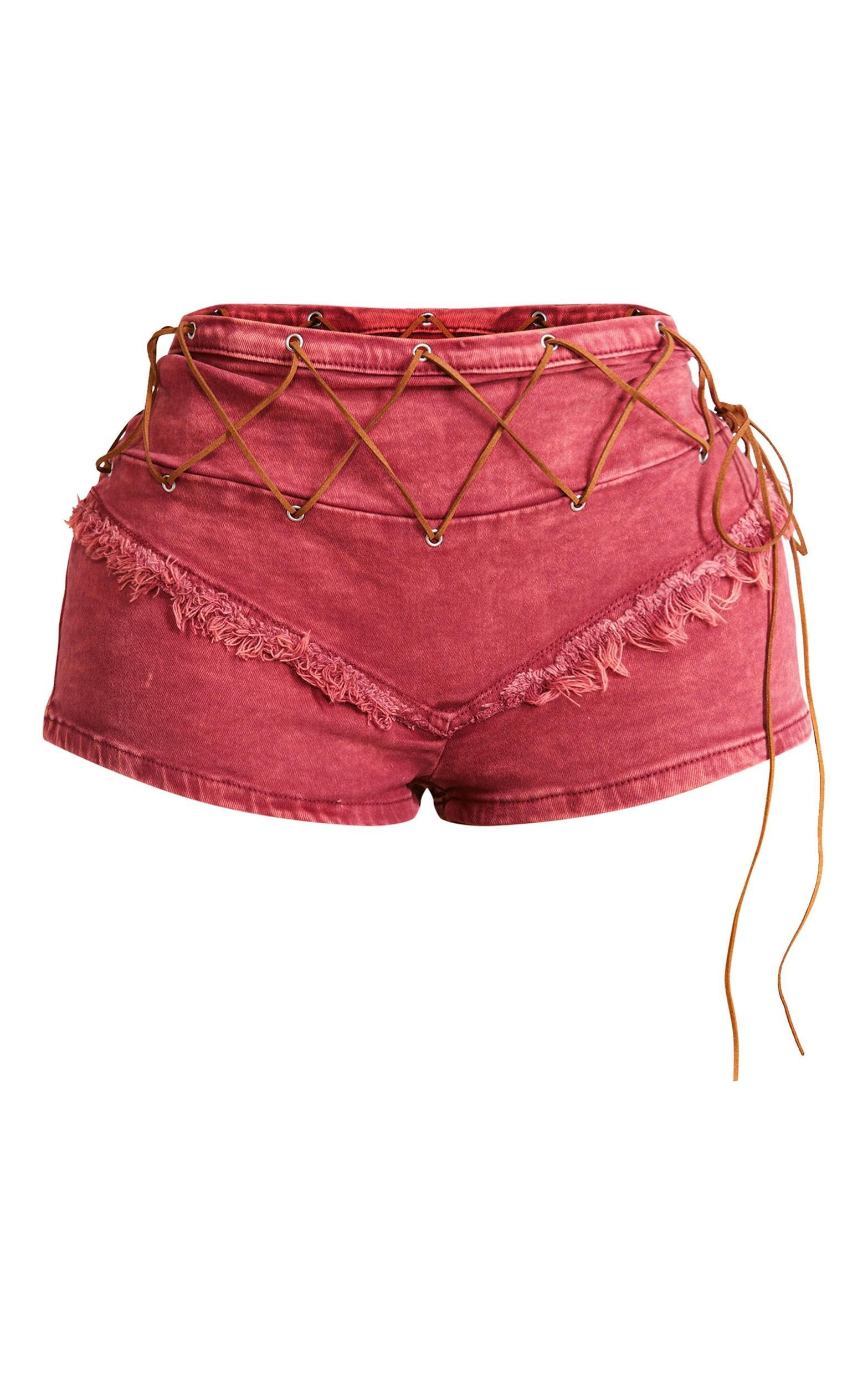 Shape Bright Red Washed Denim Fray Detail Hot Pants Product Image