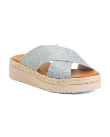 Denim And Leather Cross Band Wedge Sandals for Women | Leather/Textile Product Image