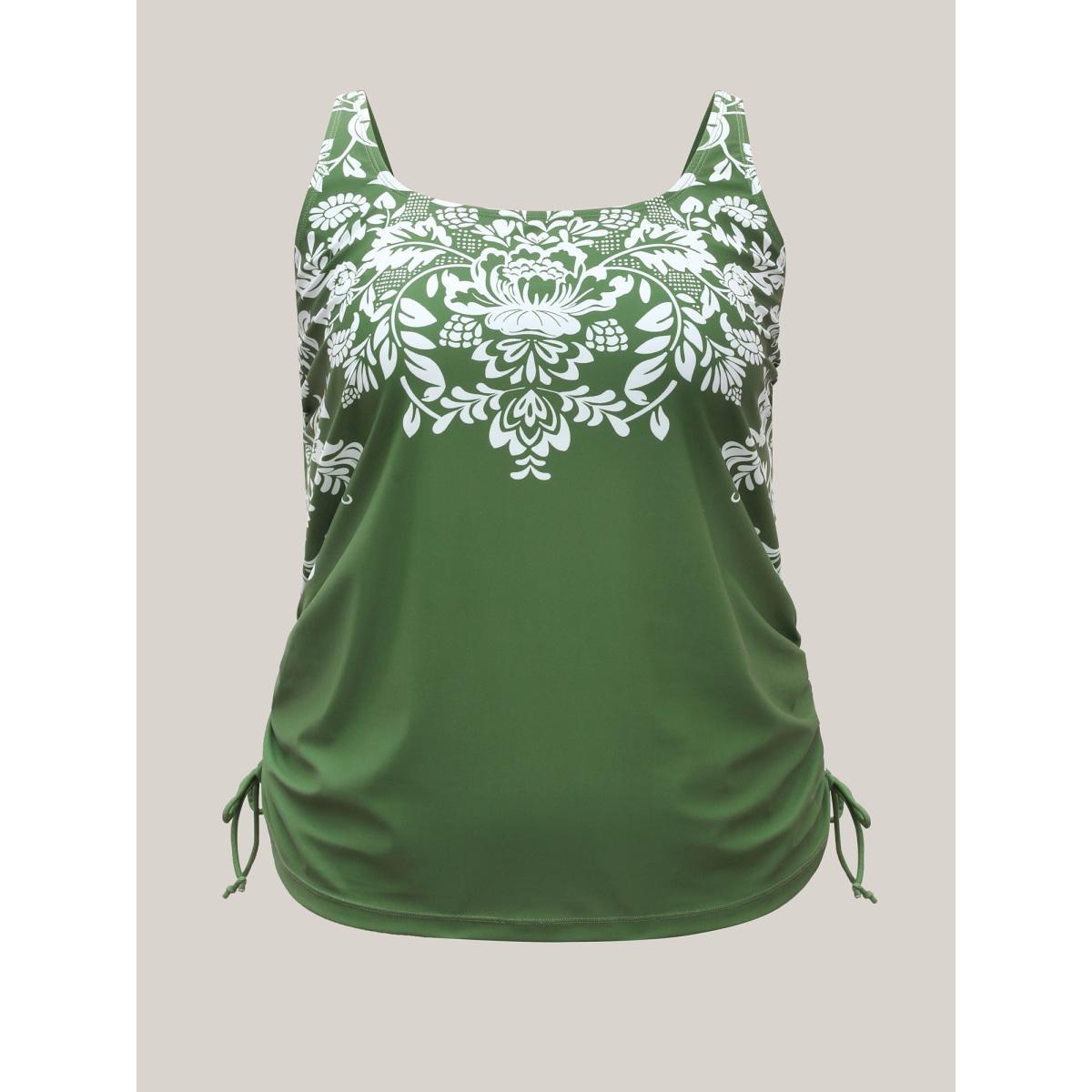 Plus Size Floral Print Side Drawstring Swim Top Women's Swimwear Truegreen Beach Drawstring High stretch Bodycon U-neck Curve Swim Tops BloomChic 18-20/2X Product Image