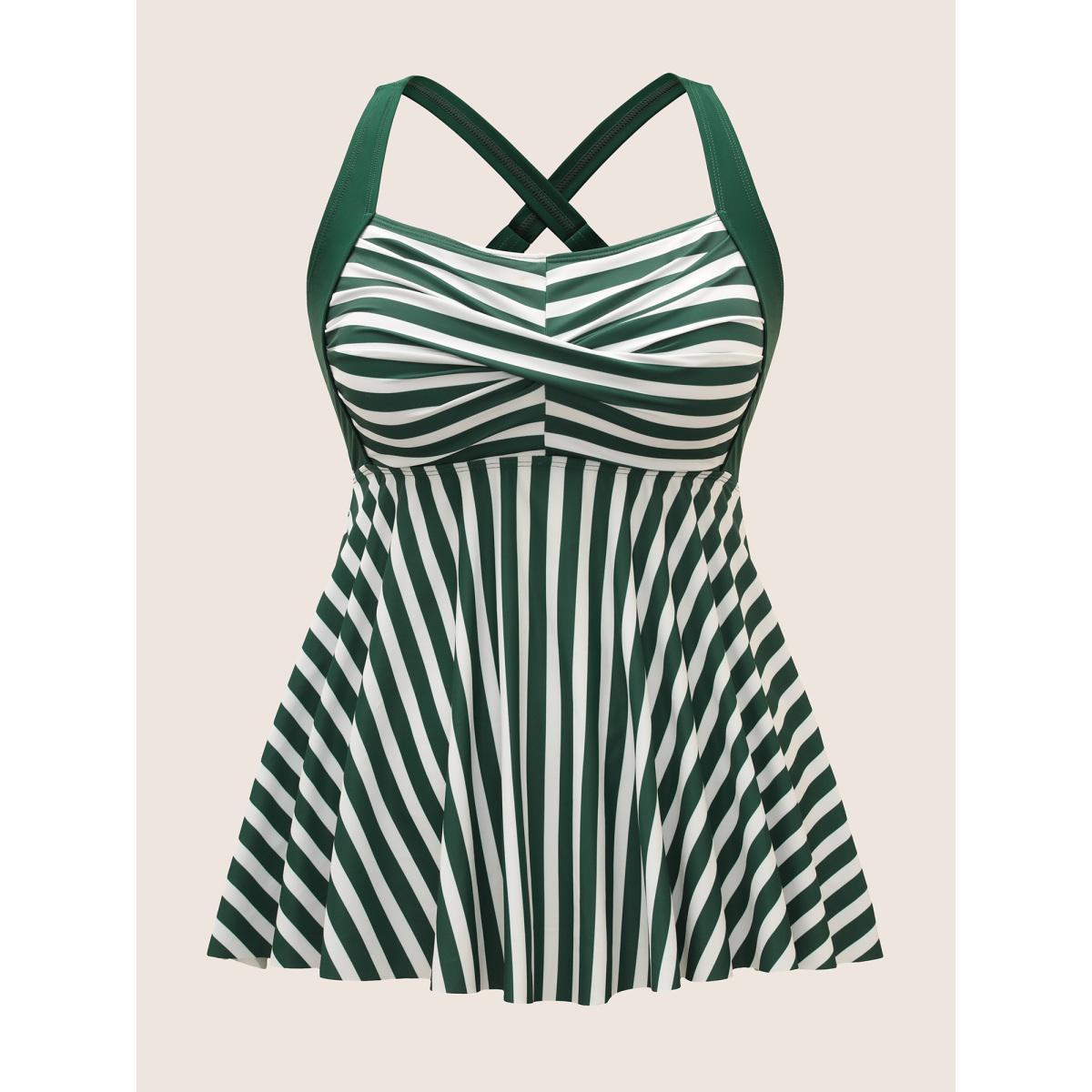 Plus Size Striped Twist Front Patchwork Gathered Swim Top Women's Swimwear DarkGreen Beach Twist High stretch Bodycon Heart neckline Curve Swim Tops BloomChic 28/5X Product Image