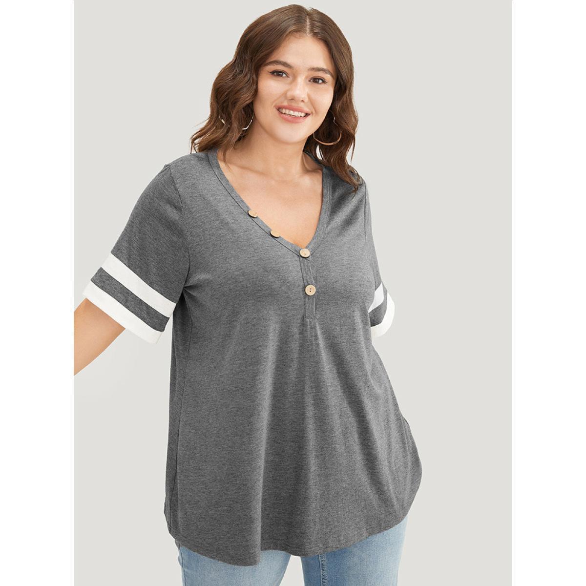 Plus Size Striped Contrast V Neck Button Detail T-shirt Gray Women Casual Contrast Plain V-neck Dailywear T-shirts BloomChic 22-24/3X Product Image
