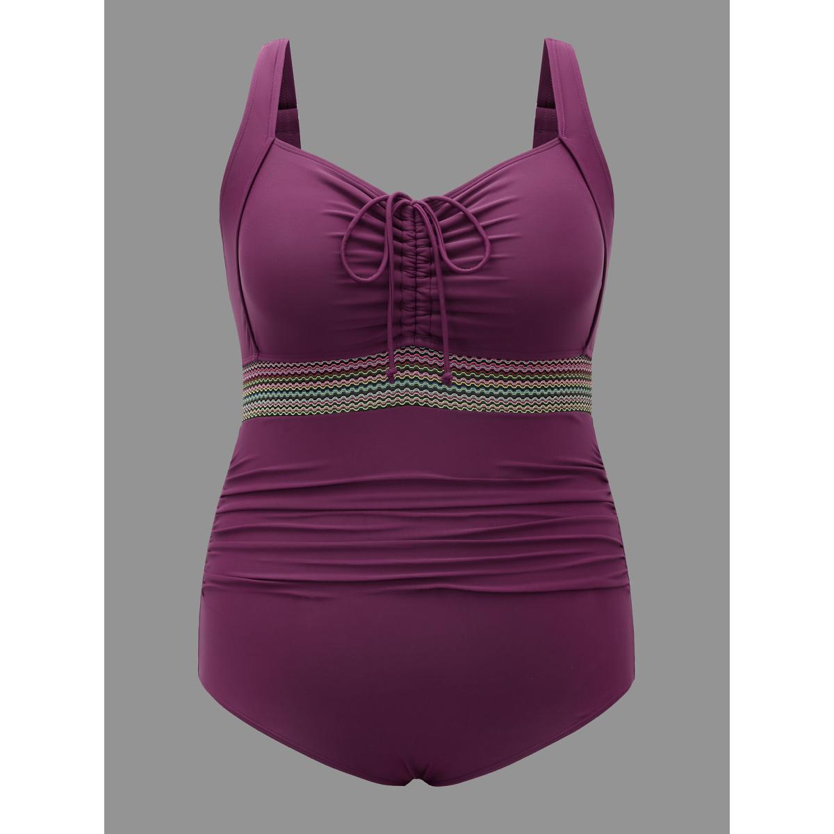 Plus Size Adjustable Drawstring Ruched Contrast Webbing One-Piece Swimsuit Women's Swimwear Deeppurple Beach Woven ribbon&lace trim Curve Bathing Suits High stretch One Pieces BloomChic 22-24/3X Product Image