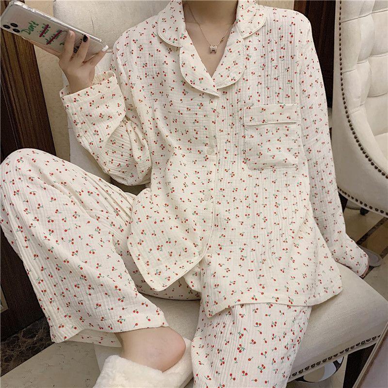 Pajama Set: Cherry Print Long-Sleeve Top + Pants Product Image