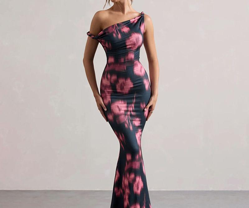 One Shoulder Tie Dye Ruched Bodycon Maxi Dress Product Image