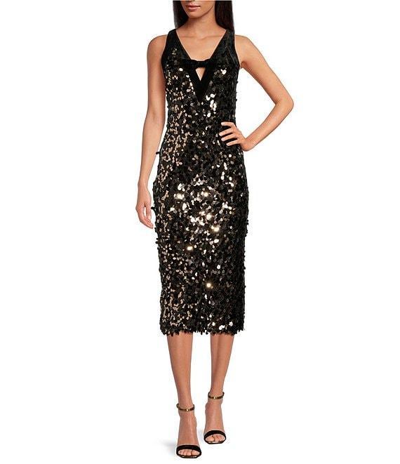 Trina Turk Yanna Petal Paillette Sequin V-Neck Velvet Trim Bow Dress Product Image