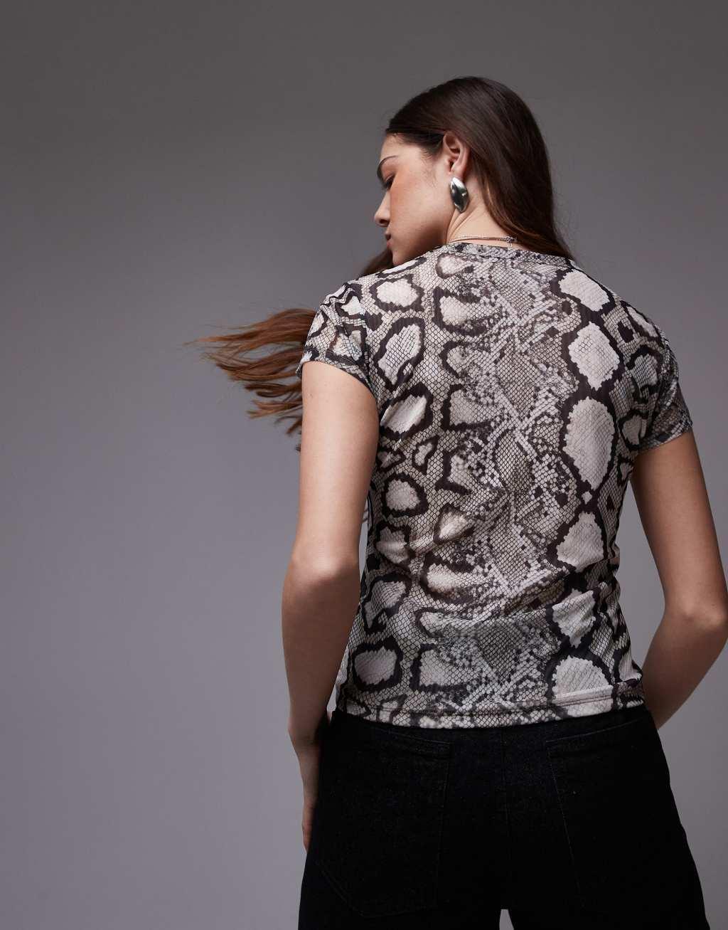 AllSaints Ellie snake print mesh tee in flow ecru white Product Image