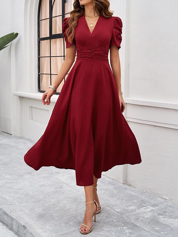 A-Line High Waisted Pleated Solid Color Zipper V-Neck Maxi Dresses Product Image
