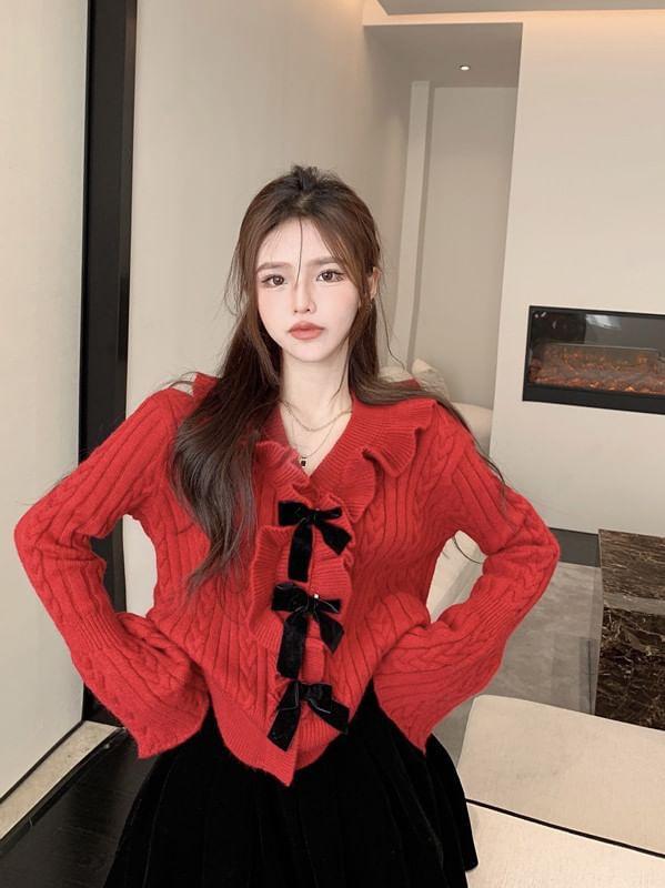 V-Neck Bow Accent Ruffle Trim Cable Knit Crop Sweater Product Image