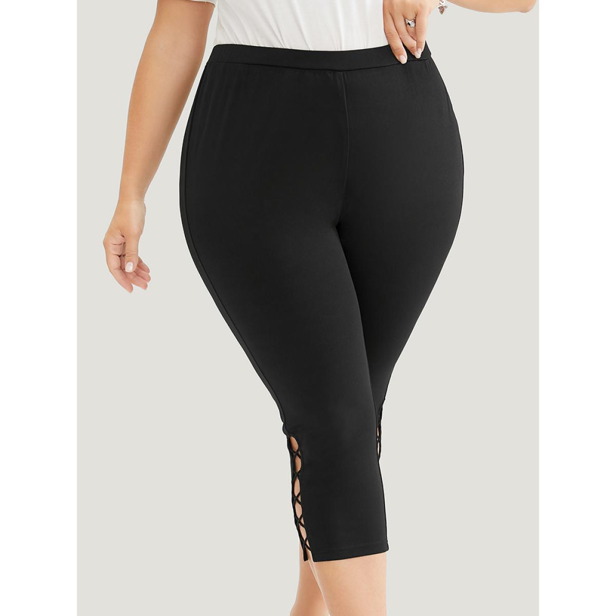 Plus Size Solid Crisscross Hem Skinny Leggings Women Black Casual High stretch Skinny Mid Rise Dailywear Leggings BloomChic 12/L Product Image