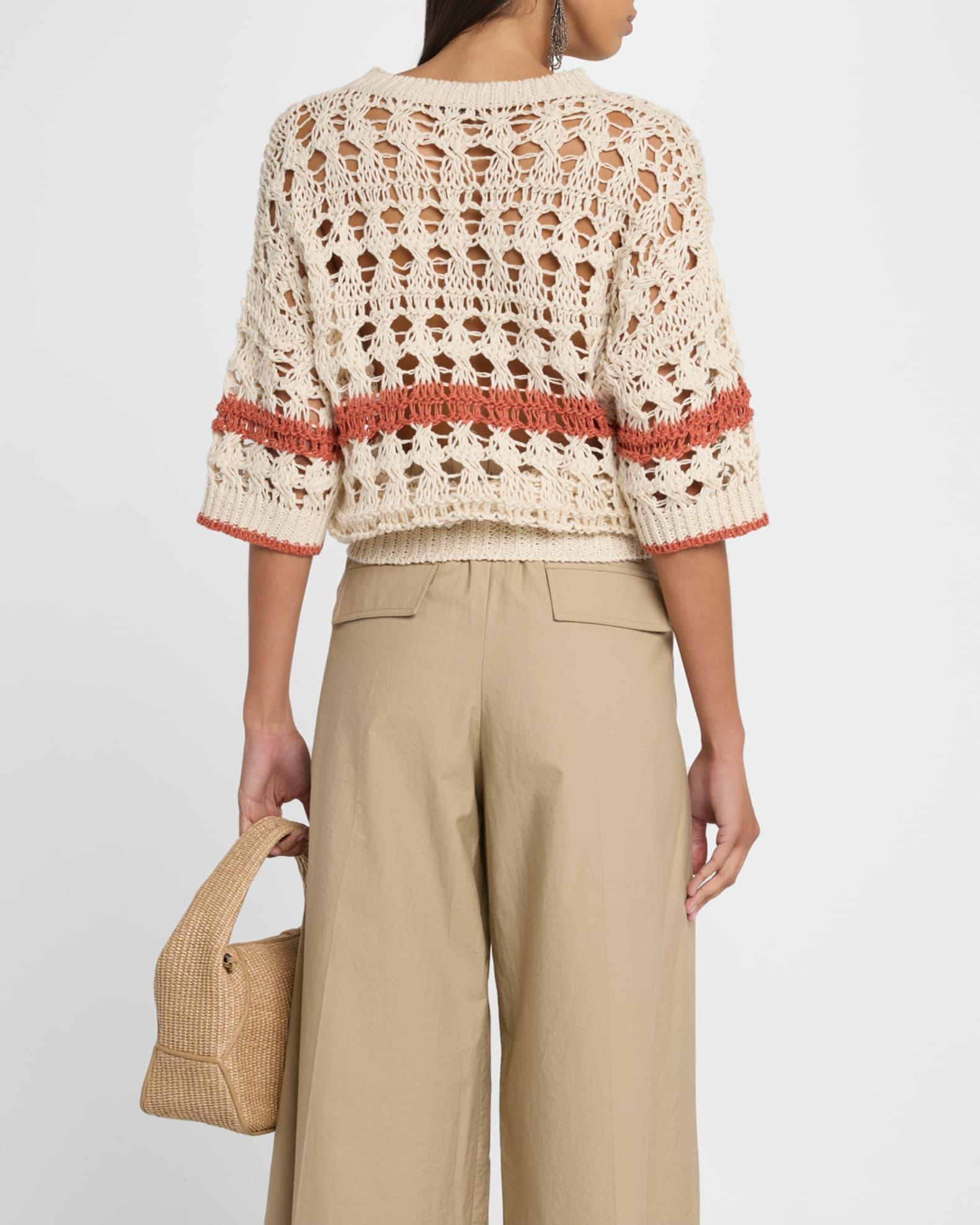 Stripe Cotton-Jute Open Knit Short-Sleeve Sweater Product Image