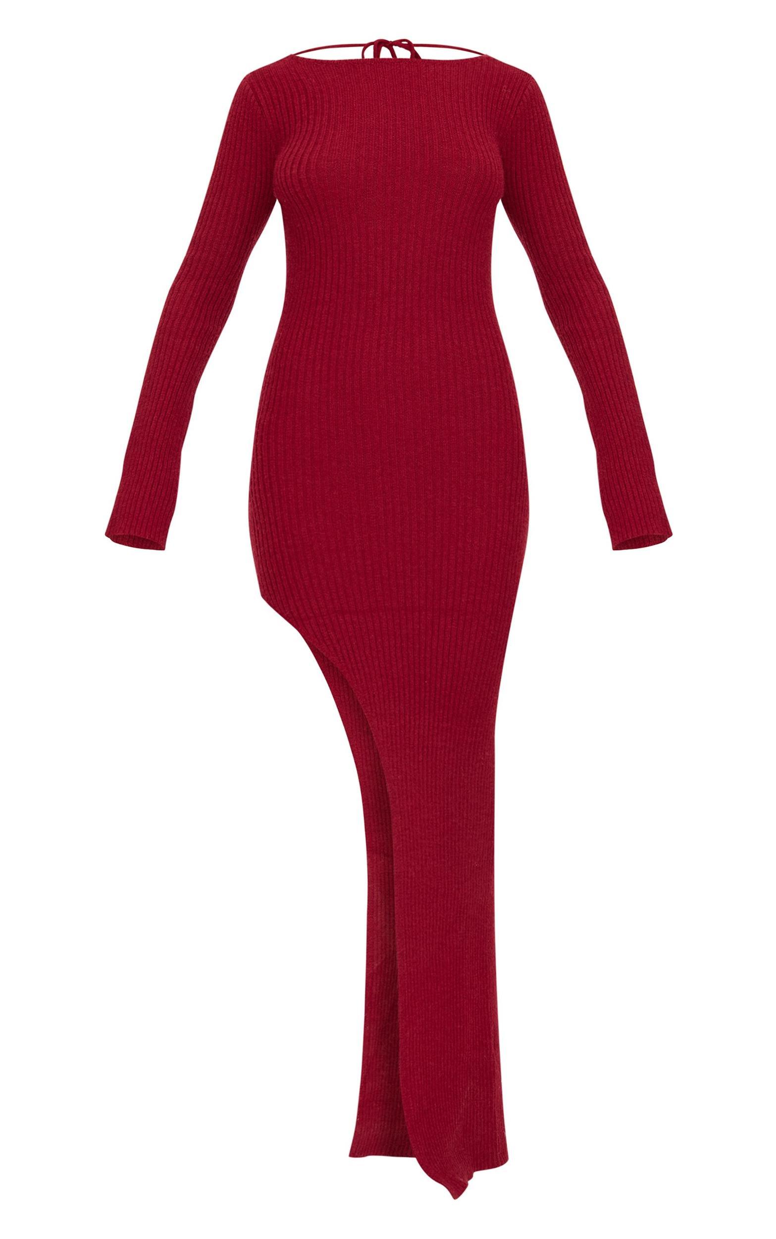 Burgundy Rib Knit Low Back Long Sleeve Maxi Dress Product Image