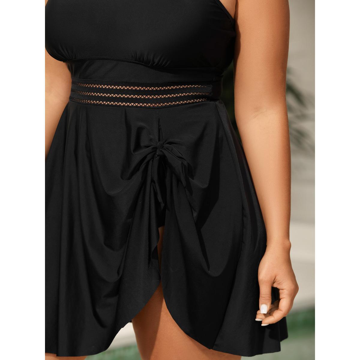 Plus Size Anti-Float Ties Webbed Split Hem Swim Dress Women's Swimwear Black Beach Bodycon U-neck High stretch Curve Swim Dresses BloomChic 18-20/2X Product Image