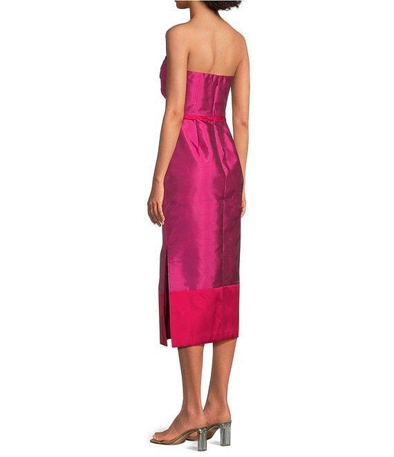 Kay Unger India Taffeta Color Block Strapless Neck Sleeveless Pleated Sheath Midi Dress Product Image