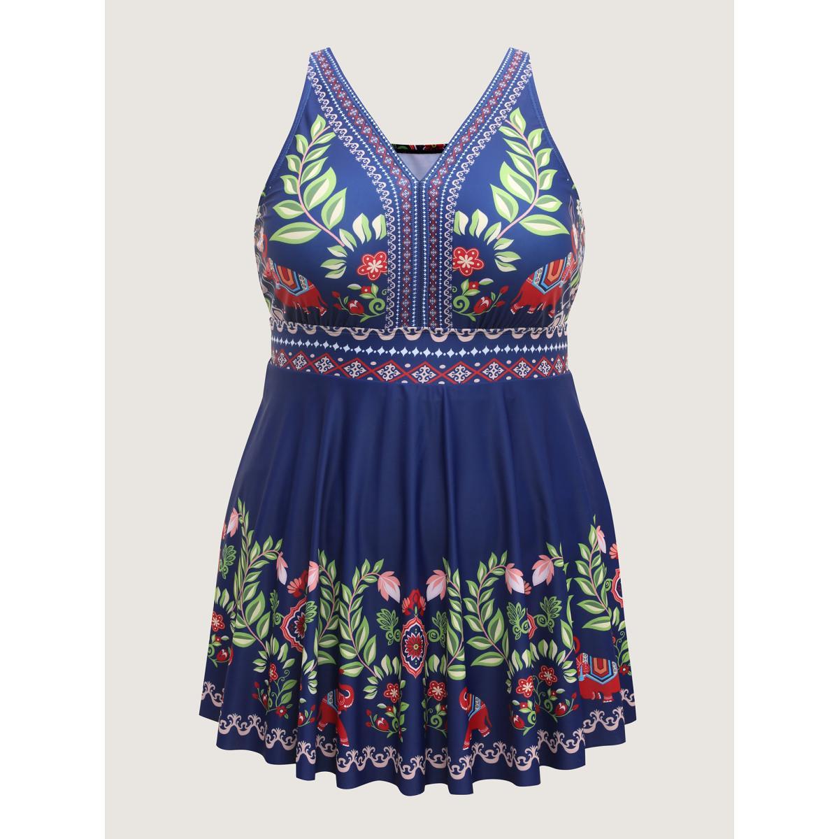 Plus Size Anti-Float Ties Floral Swim Dress Women's Swimwear Indigo Beach Bodycon V-neck High stretch Curve Swim Dresses BloomChic 18-20/2X Product Image